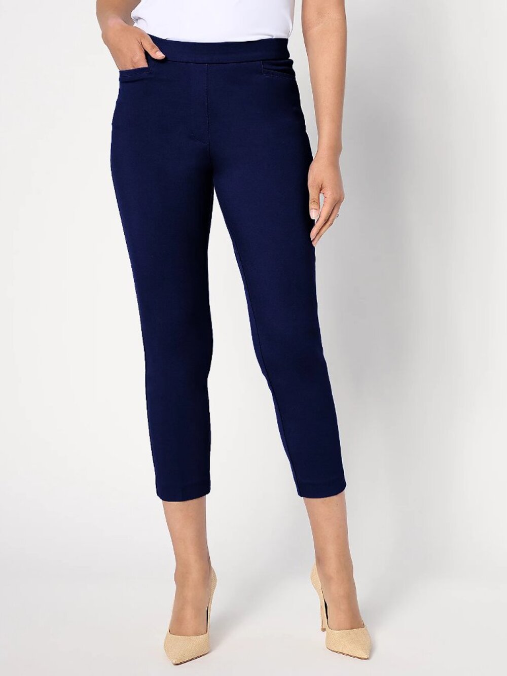 Susan Graver Regular Status Stretch Ponte Slim Leg Crop Pant, Navy Sz S a634115